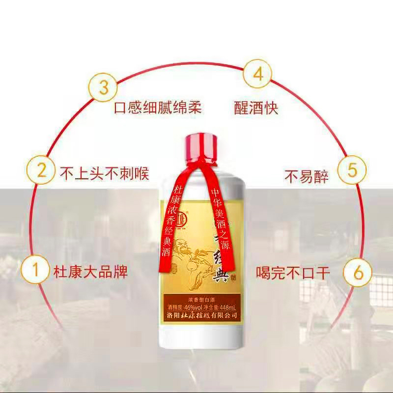 洛阳杜康酒纯粮食原浆 浓香经典酒 46度 448ml单瓶礼盒装