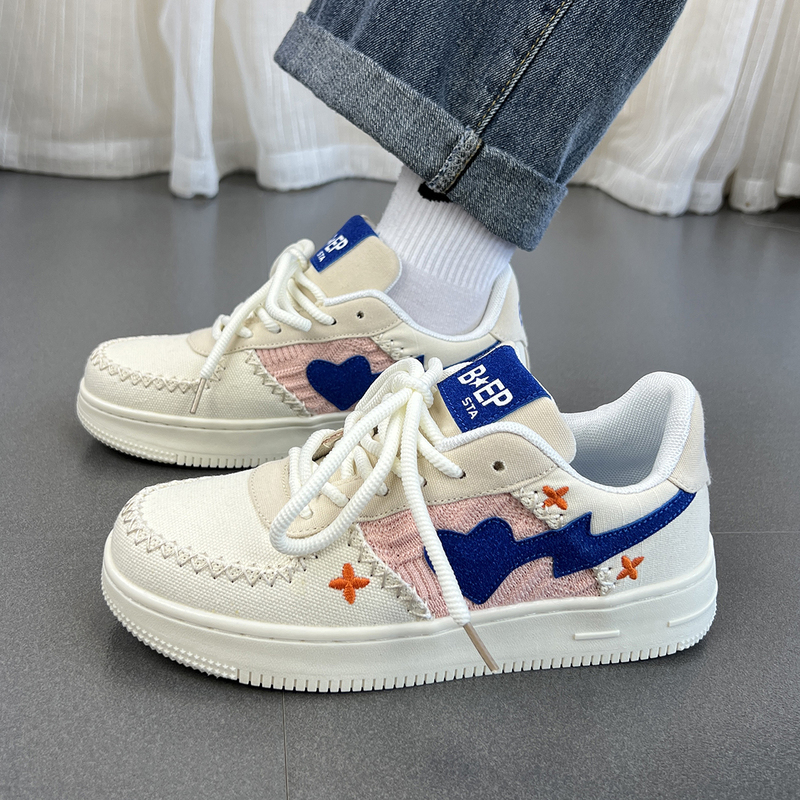 ideamini刺绣爱心针织板鞋女ins潮百搭小众设计休闲透气运动帆布鞋