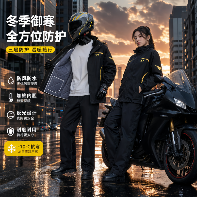 正雨冬季摩托车骑行防寒服加厚防风保暖套装雨衣外卖骑手防暴雨9063高清大图