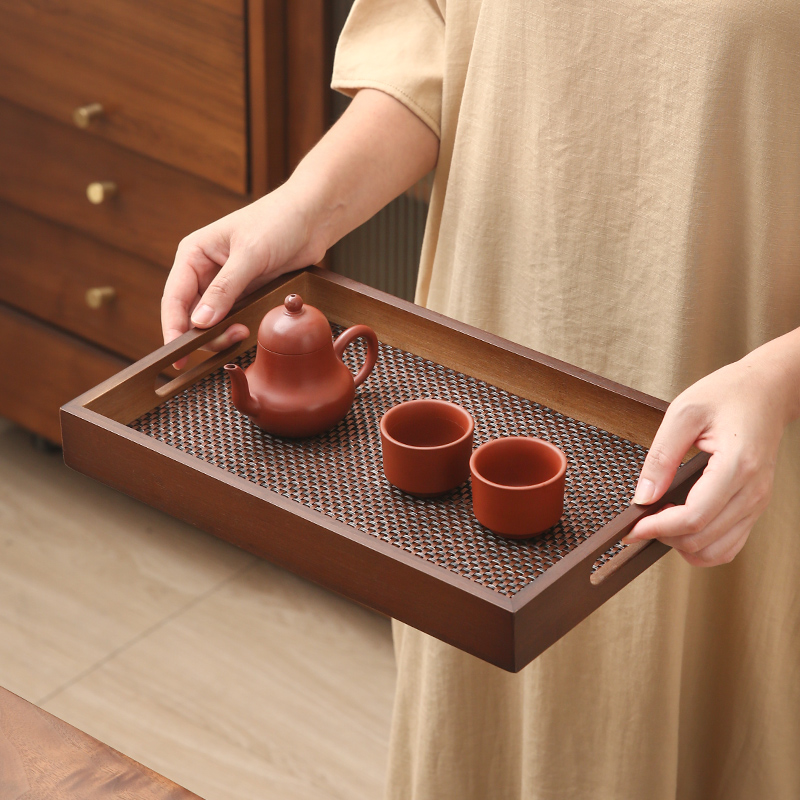 中式风餐厅牛排烧烤盘子重竹棕栗色长方形提手[35*25*4]+仿竹垫高清大图