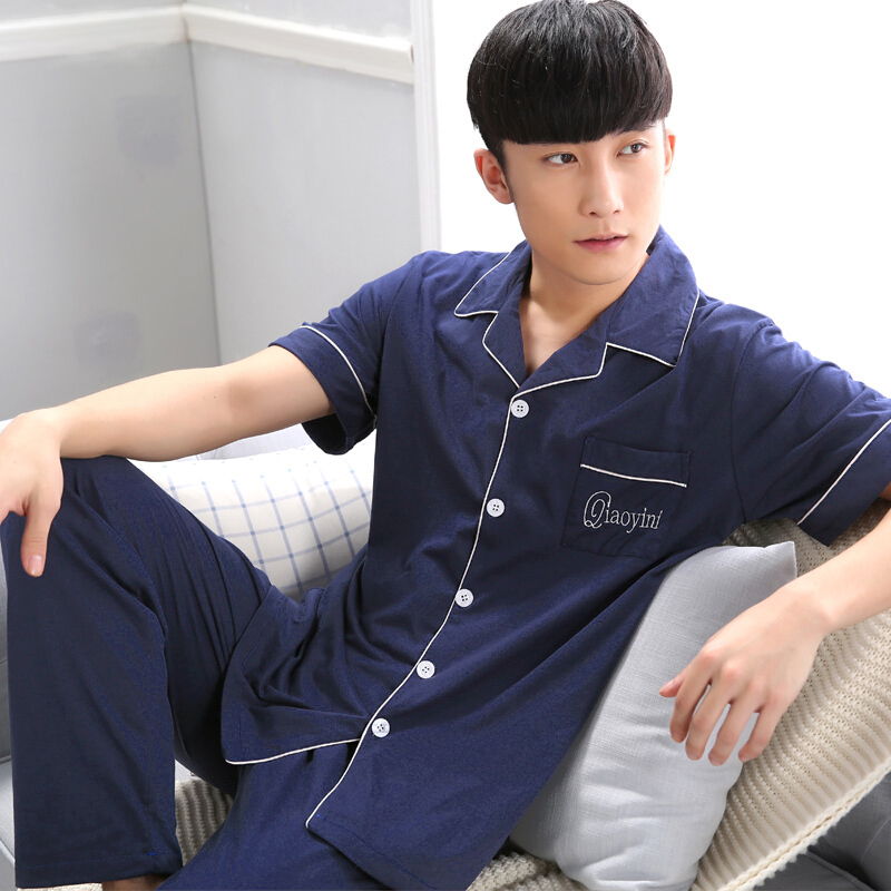 男士睡衣夏季短袖长裤纯棉薄款夏天男中年休闲宽松大码家居服套993 L 码