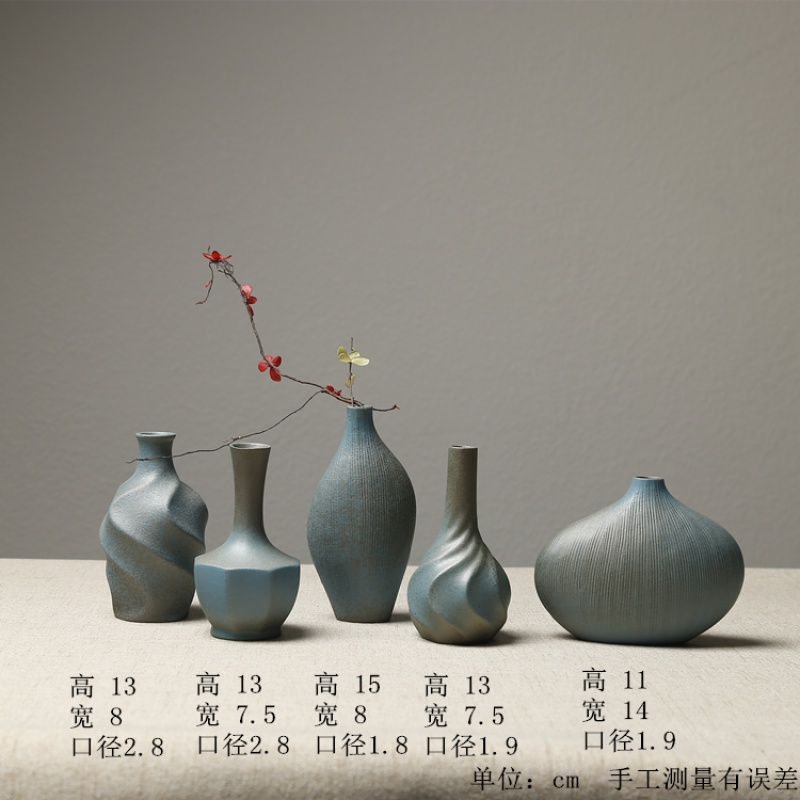 禅意粗陶花器陶瓷花瓶中日式手工小花瓶复古花插软装花艺陶艺摆件 三维工匠 禅意雅黑高清大图