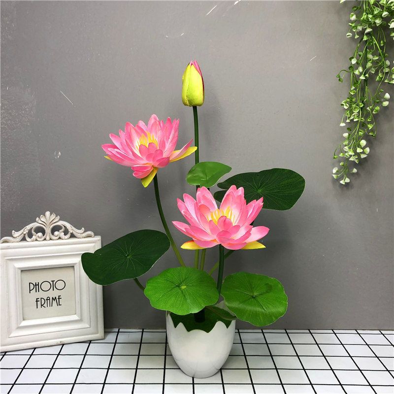 仿真荷花莲花供佛花套装 假荷花塑料假花绢花小盆栽家居装饰摆件 PU荷花粉色一束+塑料盆