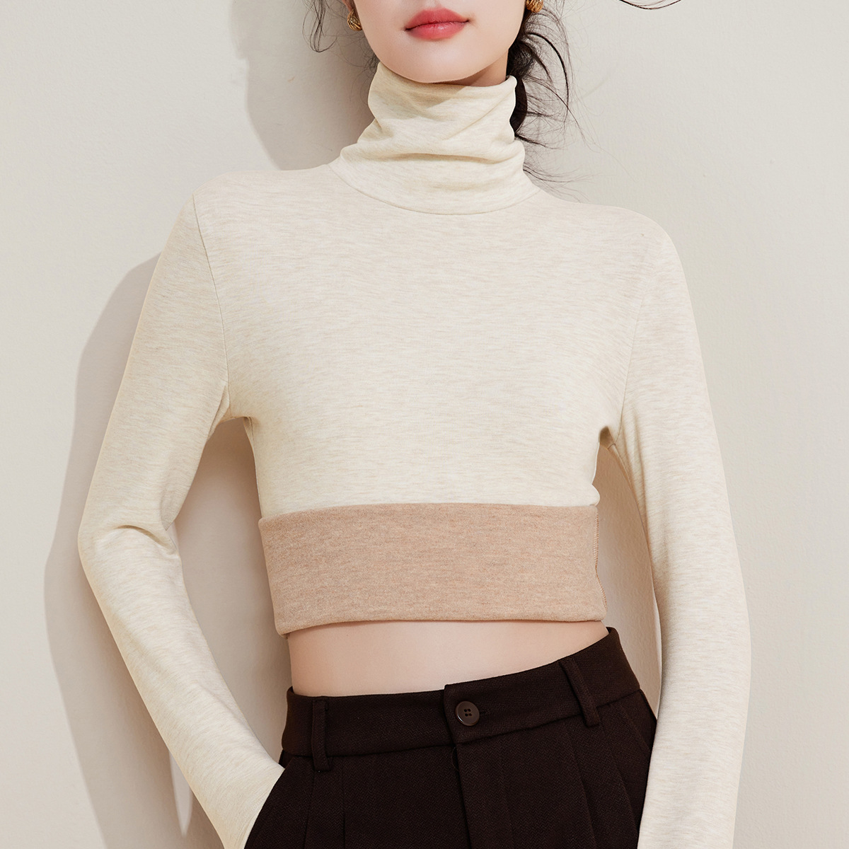 蚕丝暖绒堆堆领秋衣女上衣羊毛保暖内衣加厚加绒发热打底衫冬季高清大图