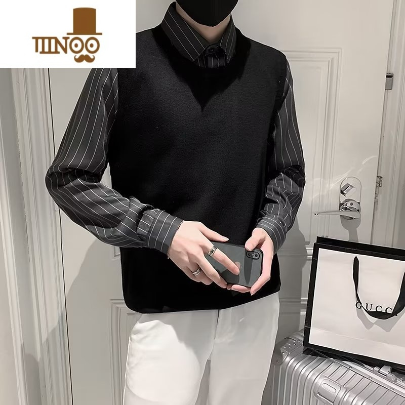 YANXU假拼接条纹衬衫毛衣男日系潮牌轻熟风宽松帅气针织背心外套潮