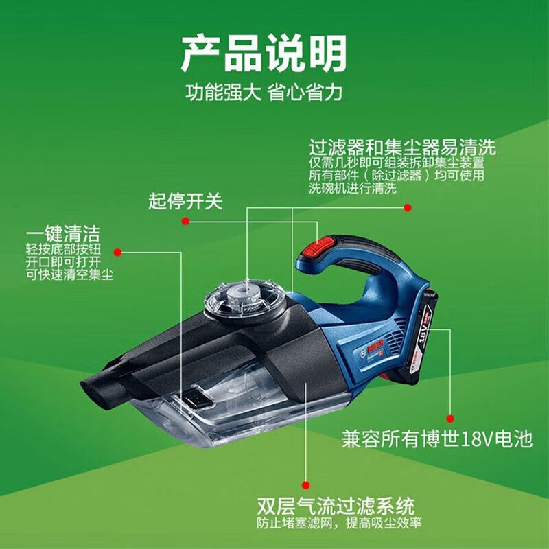 博世(BOSCH)车载吸尘器GAS系列充电式工业手持吸尘器18V锂电家用无线除尘器 GAS 18V-1[一电一充2.0A高清大图