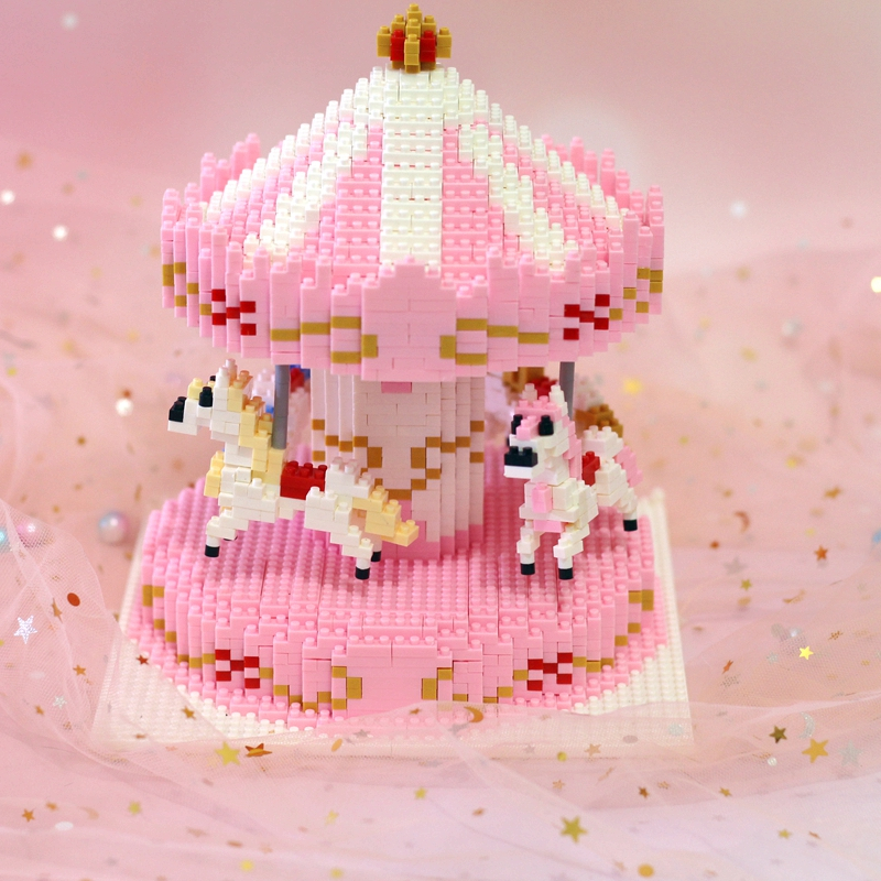 旋转木马积木女孩钻石小颗粒高难度成人粉色兼容乐高拼装玩具展示盒灯