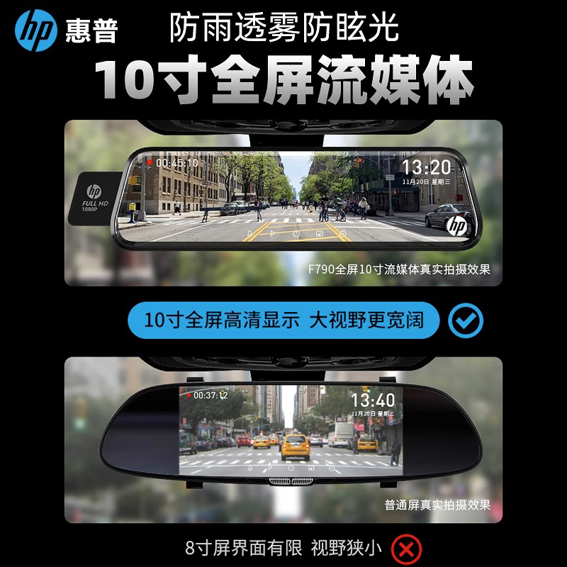 惠普行车记录仪汽车载超高清前后双摄流媒体无线倒车影像2023新款 F790官方标配单镜头+64G+降压线