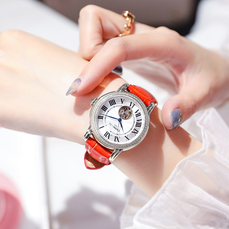 正品嘉年华CARNIVAL手表2019新款女表机械表 女士腕表气质休闲时尚真皮带防水个性镂空镶钻女表8052 银白红带