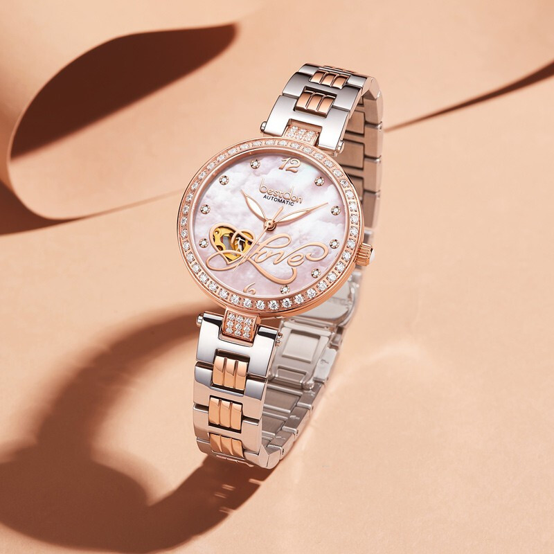 bestdon 手表女 全自动机械表女[免费刻字]唯美镶钻love镂空贝母表盘