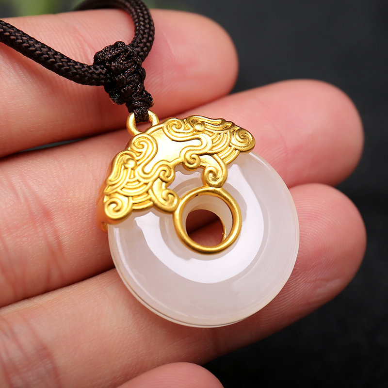 印象眸 足金镶和田玉平安扣吊坠 古法黄金龙头镶嵌玉扣项链玉坠 附送