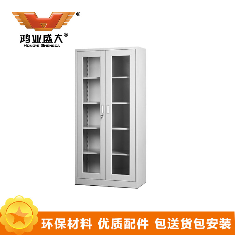 鸿业盛大通玻文件柜铁皮柜大器械柜档案柜办公资料柜铁柜子员工柜办公柜带锁储物柜加厚款（850L*390W*1800H） 银色