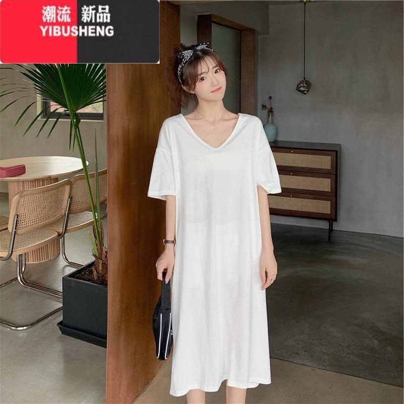 YIBUSHENG慵懒风特大码300斤季韩版短袖胖MM遮肉条纹露背长款T恤连衣裙女图片