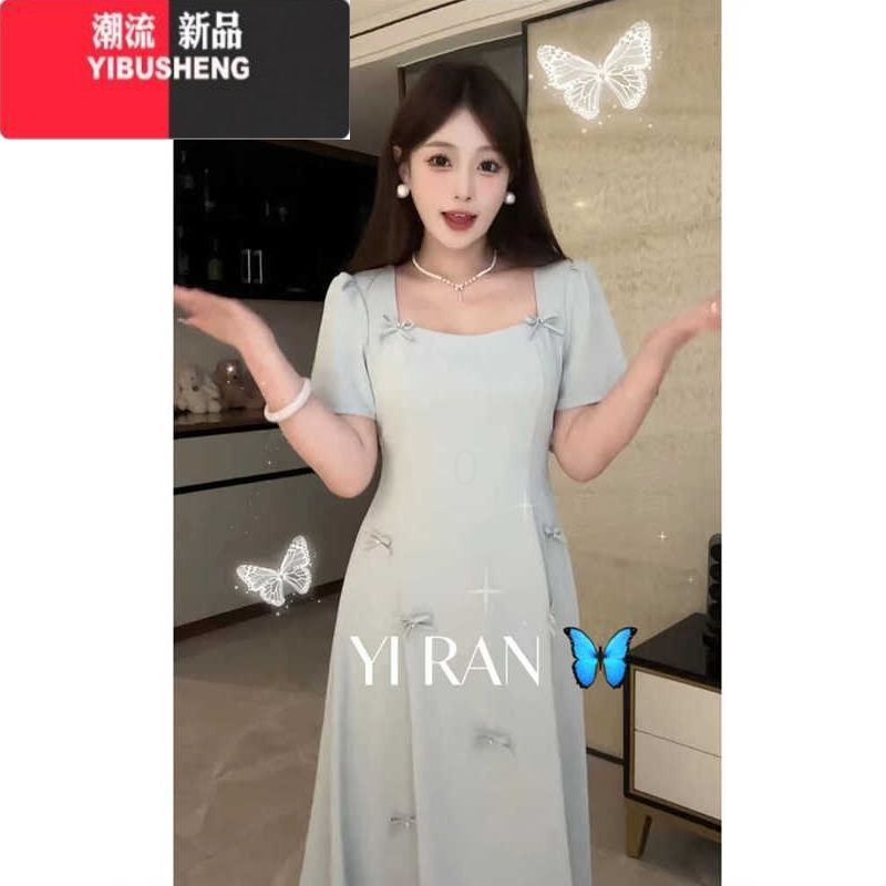 YIBUSHENG大码女装胖mm法式设计感蝴蝶结连衣裙女收腰显瘦a字中长款裙子