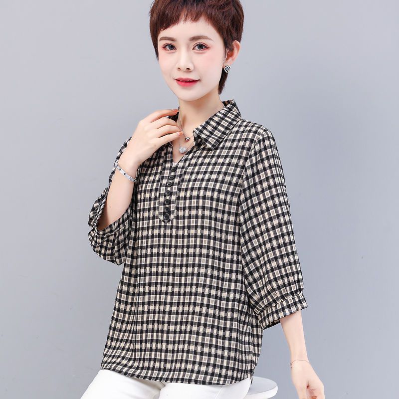 斯尔丽夏装v领中袖格子衬衫女夏季棉麻质感红色五分袖休闲上衣t