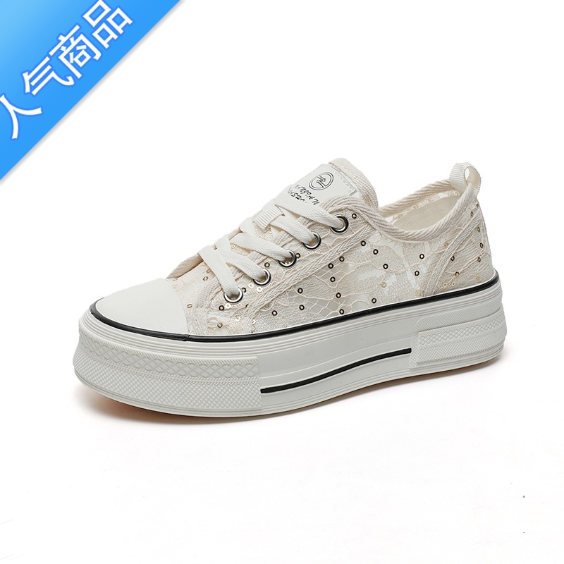 SUNTEK网面透气帆布鞋女蕾丝2023新款夏季网鞋休闲舒适板鞋厚底小白鞋板高清大图