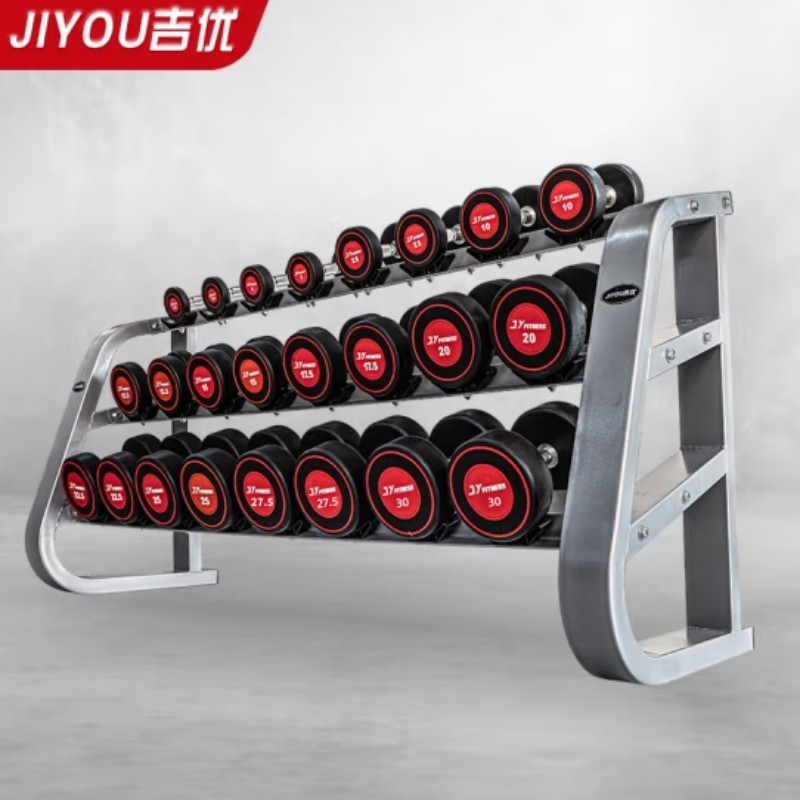 吉优JY-F9005 包胶哑铃固定式哑铃套装力量训练健身房专用12付装含三层哑铃架高清大图