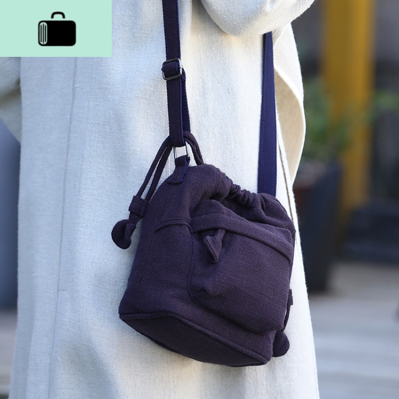 棉麻文艺帆布斜挎水桶收口包包袋抽绳女单肩复古中国汉服民族风NEW LAKE女斜挎包