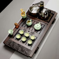 金镶玉 茶具套装 檀木实木茶盘 仿宋汝窑开片 茶壶茶杯功夫茶具套组 自动上水电热炉 黑檀祥龙汝窑套组