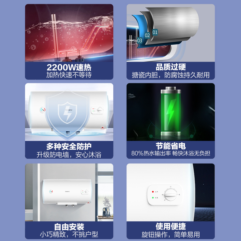 格兰仕热水器 60升家用储水式电热水器机械款2200w速热长效保温加长防电墙搪瓷内胆多重防护GD60-22DXFB高清大图