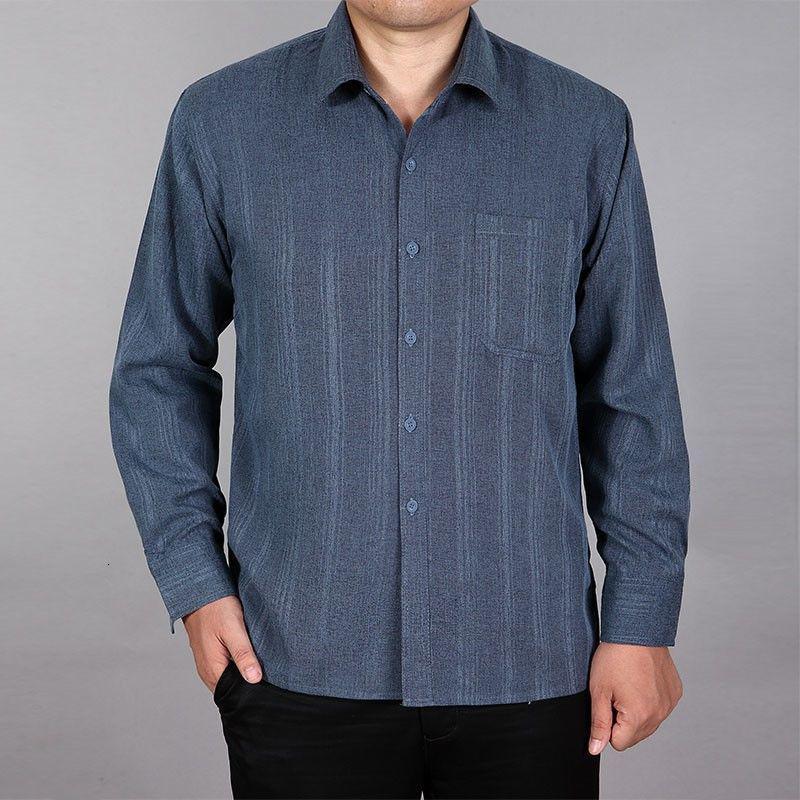 爸爸装夏季衬衫中年人男士长袖衬衣薄款宽松中老年人棉麻爷爷上衣yuan