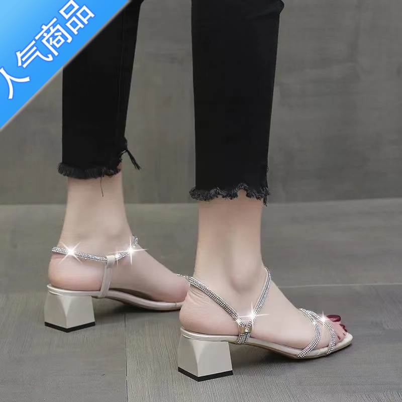 SUNTEK水钻凉鞋女粗跟2023夏季新款舒适百搭网红仙女风两凉E女百高清大图