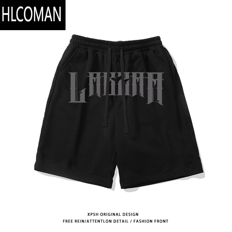 HLCOMAN美式个性字母印花直筒休闲短裤男夏季潮流宽松抽绳阔腿黑色五分裤