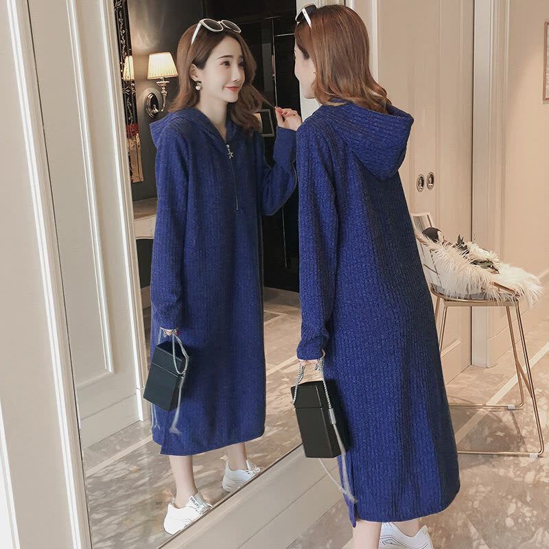 迪鲁奥(DILUAO)孕妇裙子秋季时尚宽松外出A字裙连帽中长款针织打底秋孕妇连衣裙图片