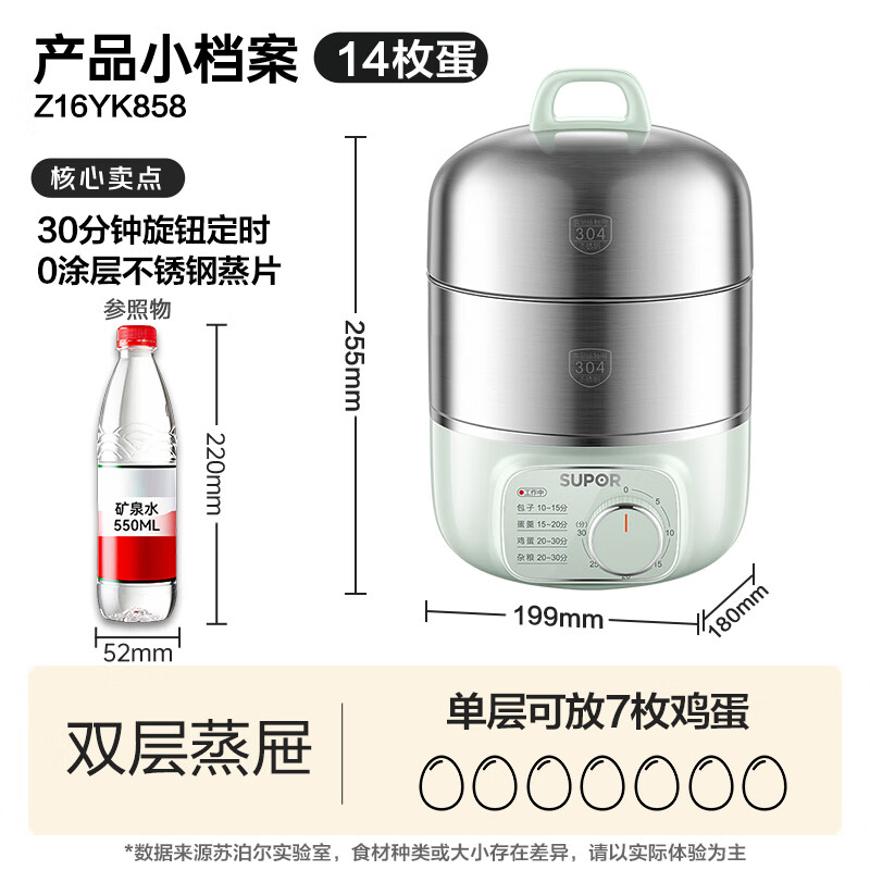 苏泊尔(SUPOR)煮蛋器蒸蛋器 双层304不锈钢材质 3L容量定时免看管自动断电 小型电蒸锅早餐蒸蛋 Z16YK858高清大图