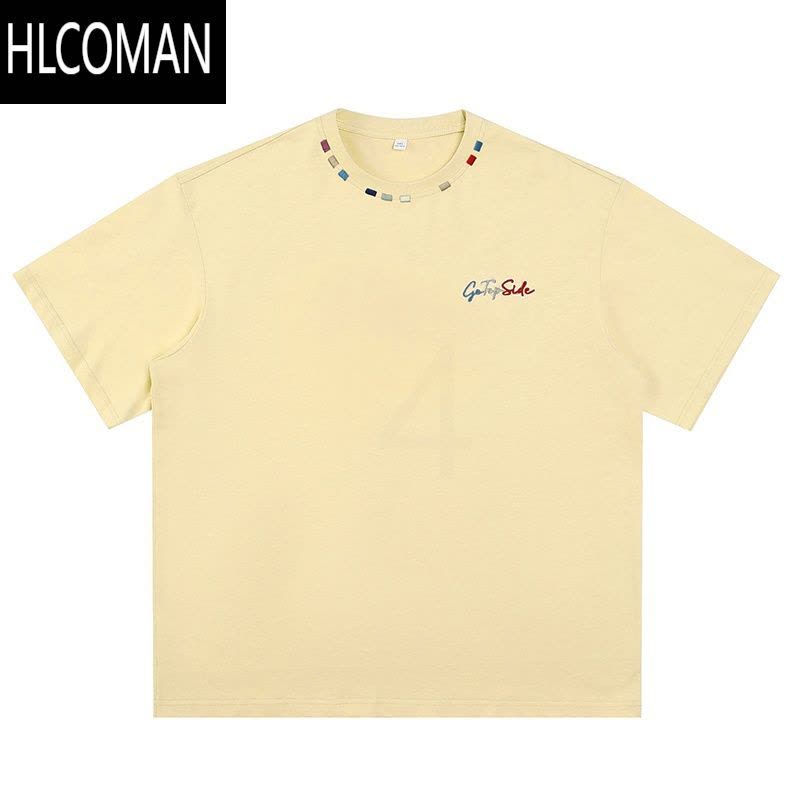 HLCOMAN美式潮牌刺绣设计感短袖T恤男夏季复古宽松情侣体恤图片