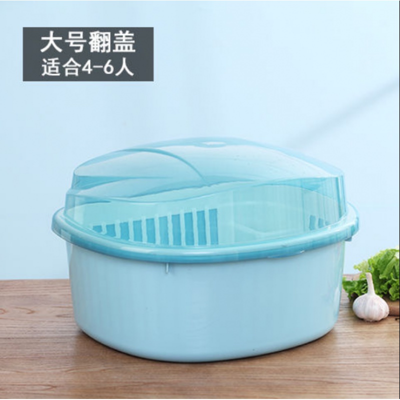 厨房防尘塑料碗柜带盖沥水架装碗筷收纳盒放碗厨房收纳箱置物架子收纳层架三维工匠 大号蓝色（翻盖式带筷子桶）