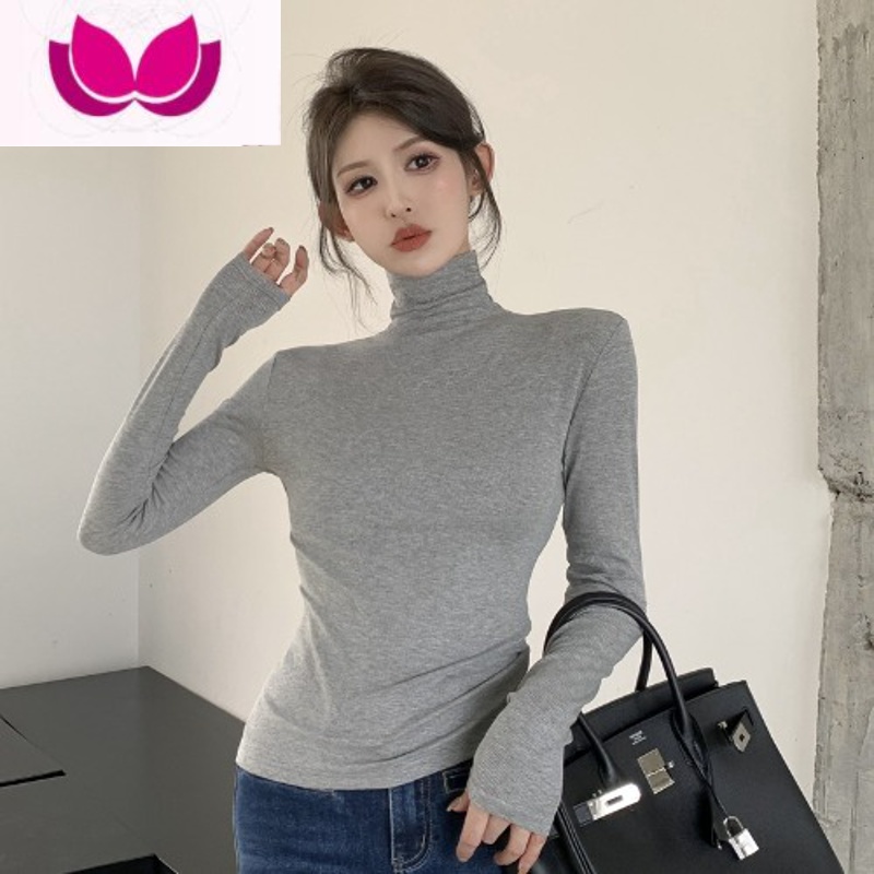 七斓加绒针织衫春季女装高领磨毛长袖打底衫内搭紧身保暖上衣黑色t季 均码 灰色常规款
