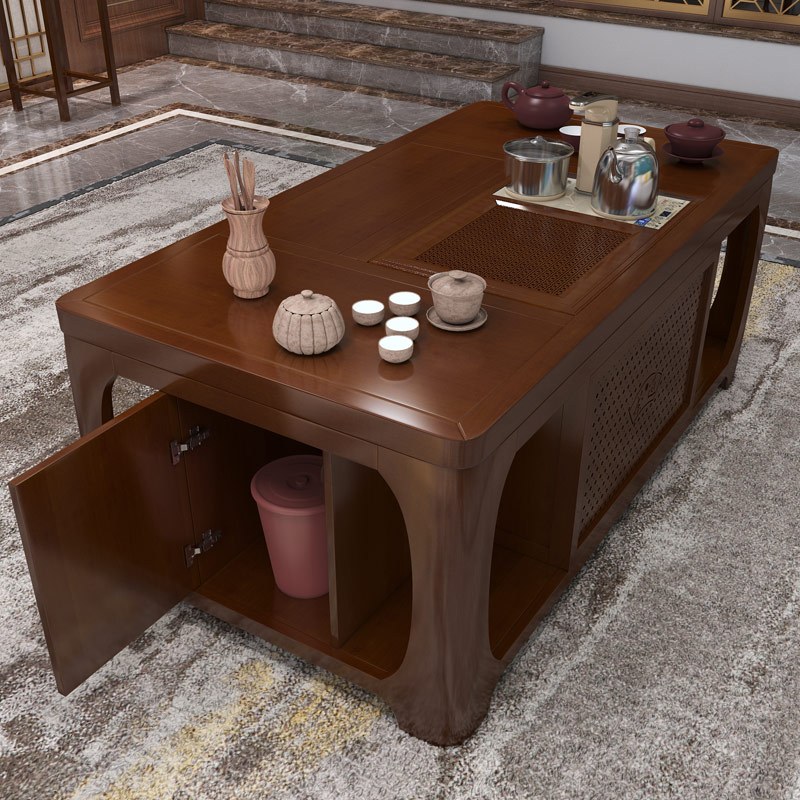 实木功夫茶桌一体电动自动升降茶几带茶台办公室多功能家用泡茶桌