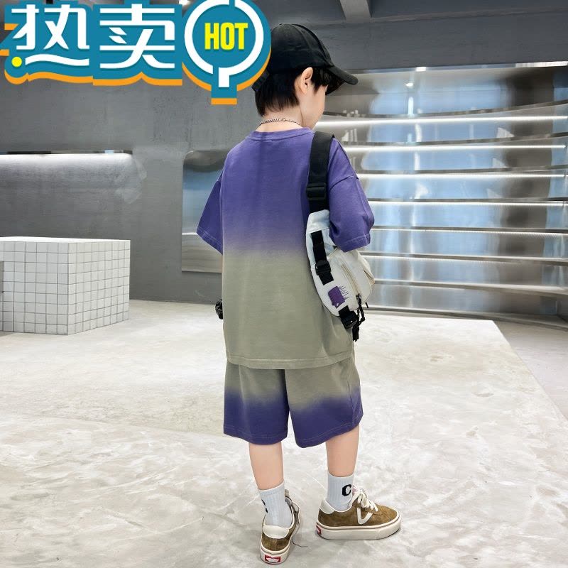 绿彩虹光男童套装夏季短袖大童薄款2023新款夏儿童夏装男孩洋气帅气时髦潮图片