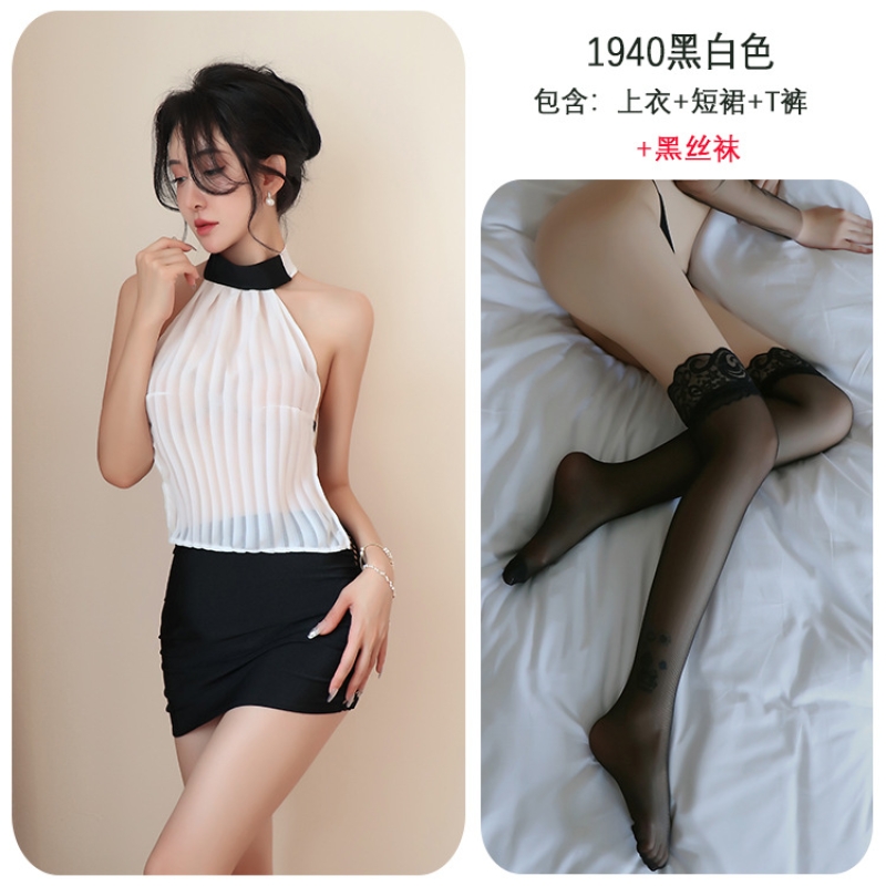长夜漫漫情趣内衣紧身包臀裙性感小秘书制服诱惑透视裸背睡衣1940 黑白色+丝袜 均码(80-125斤)