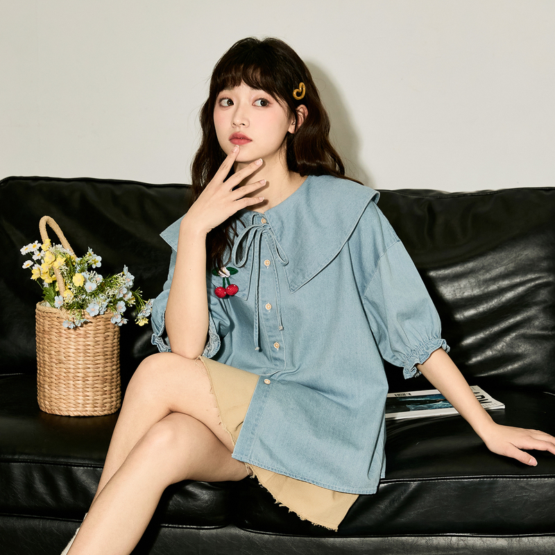 [1.5折价82元]唐狮夏季新款短袖牛仔衬衫女薄款娃娃领衬衣韩系甜美系带上衣