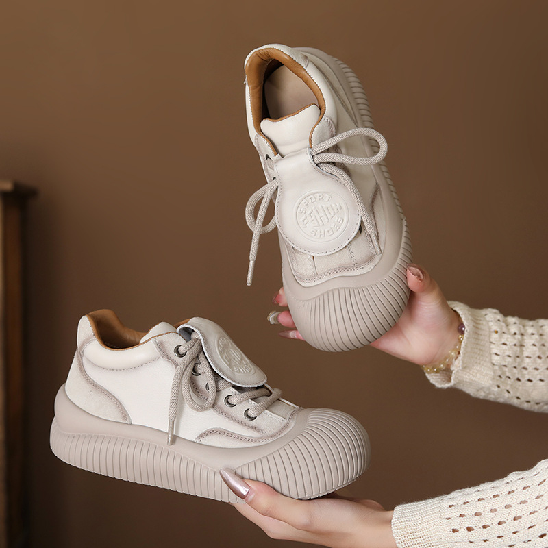 头层牛皮休闲鞋女秋冬新款防滑耐磨真皮厚底运动鞋复古百搭