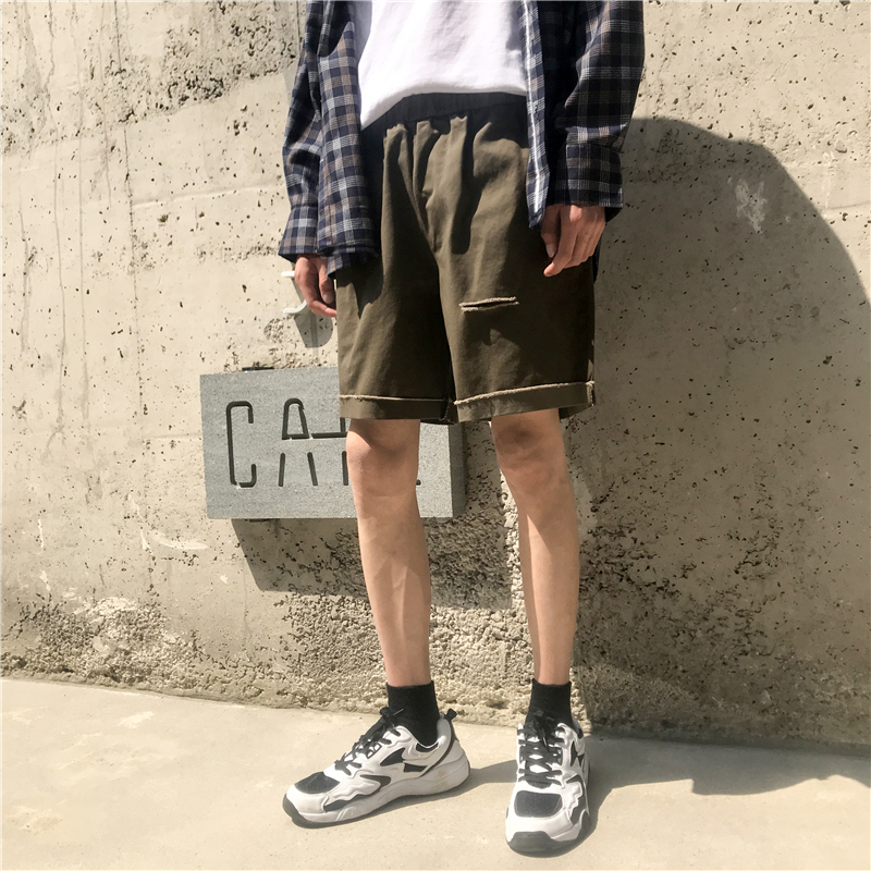 夏装帅气帅气男士破洞短裤宽松港风休闲五分中裤青年韩版5分裤子