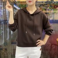 秋季加绒休闲卫衣简约纯色减龄连帽百搭宽松春秋打底保暖上衣女_13 XL111-120斤 咖啡色（不加绒）