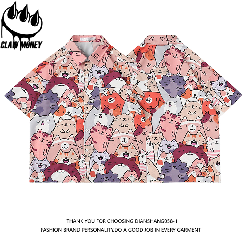 Claw money猫咪涂鸦花衬衫男短袖夏季潮牌冰丝宽松大码沙滩衬衣