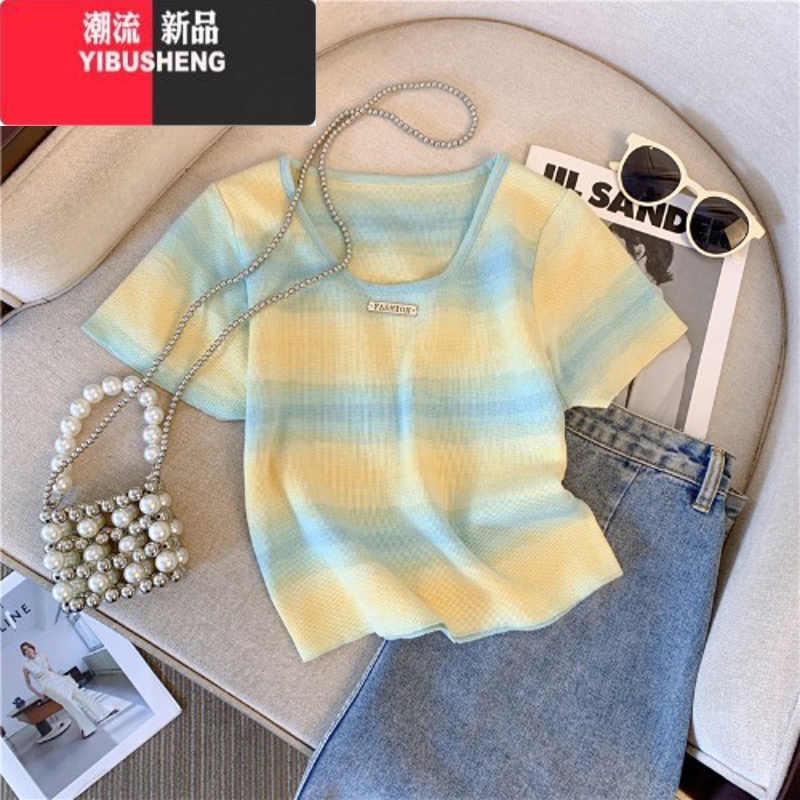 YIBUSHENG多巴胺穿搭条纹t恤女季设计感小众针织短袖甜辣风短款上衣薄甜高清大图