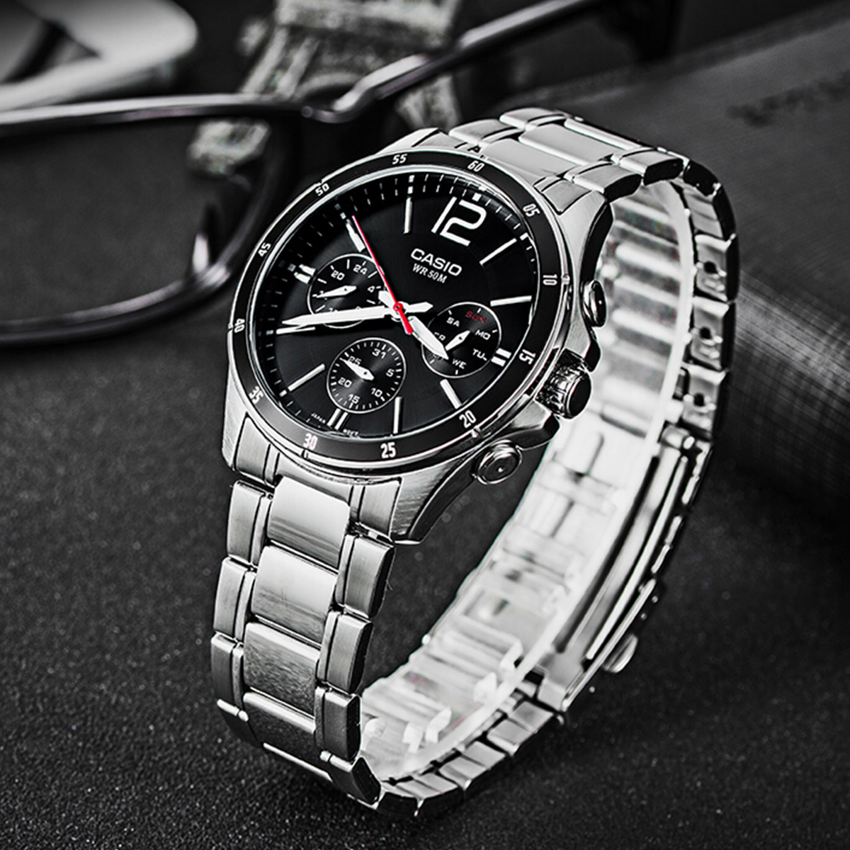 卡西欧CASIO手表 指针夜光三眼表盘防水商务男士石英表 送男生礼物男表高清大图