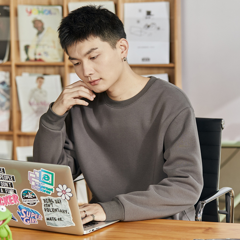 唐狮秋冬季新款圆领卫衣男士仿羊羔毛绒套头纯色加厚外套潮牌