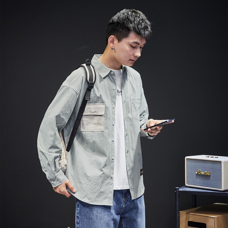 [1.5折价45元]唐狮 衬衫男休闲潮流拼色长袖衬衫衬衣男口袋撞色长袖衬衫