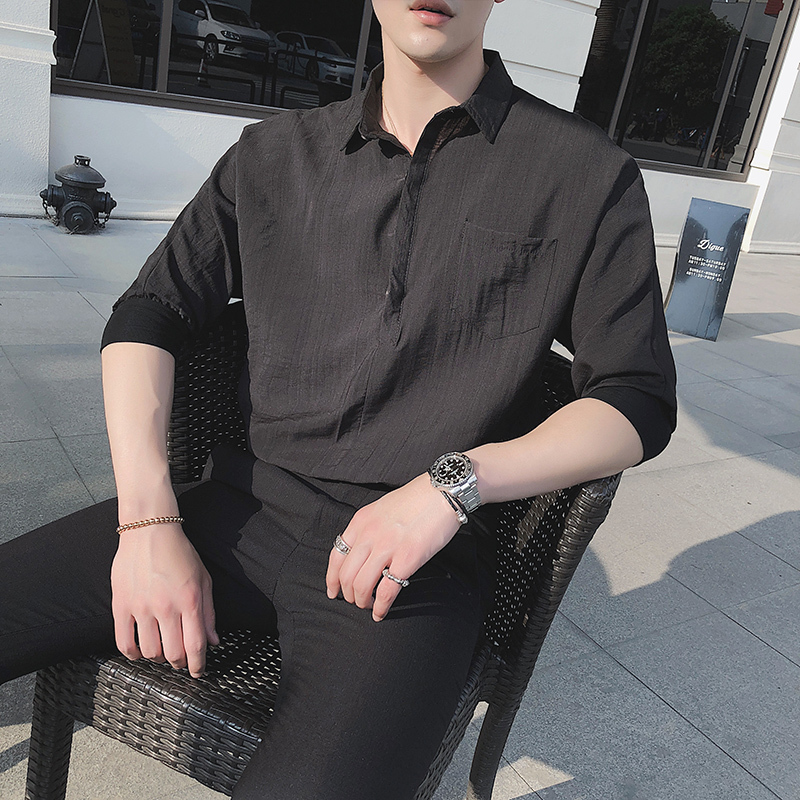 夏款新款韩版宽松中袖衬衫领纯色连肩衬衫男夜店气质五分袖宽衬衣
