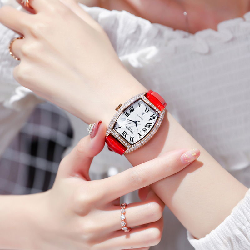 正品嘉年华Carnival手表女士全自动机械表 女表时尚潮流防水镶钻日历表真皮名牌女表新款酒桶腕表8857高清大图