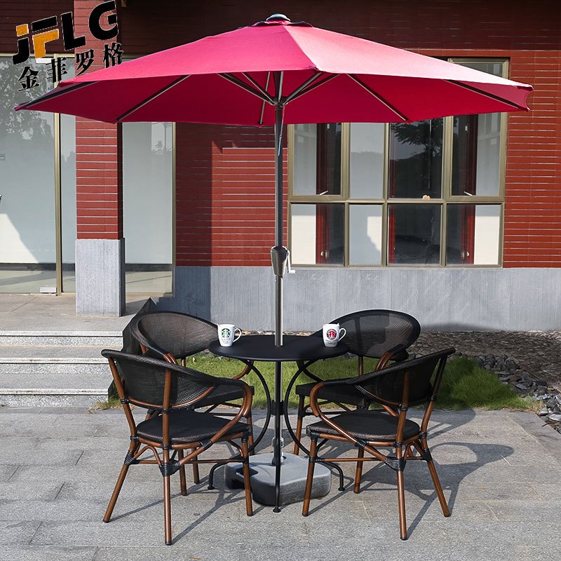 苏宁 金菲罗格 办公家具 户外露天阳台室外休闲带伞桌椅组合 网布椅4椅圆桌配伞