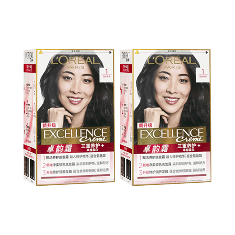 欧莱雅染发剂卓韵霜-1号(自然黑色)两盒装遮盖白发染发膏可以在家染图片