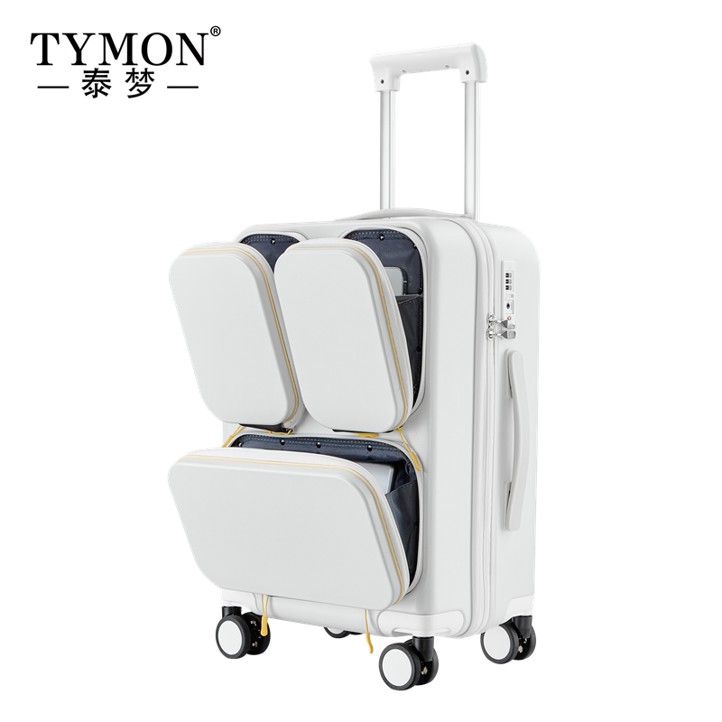 泰梦TYMON 逐梦T8 20英寸旅行箱拉链款 杯架 手袋挂钩 隐藏式手机支架 烟云白色