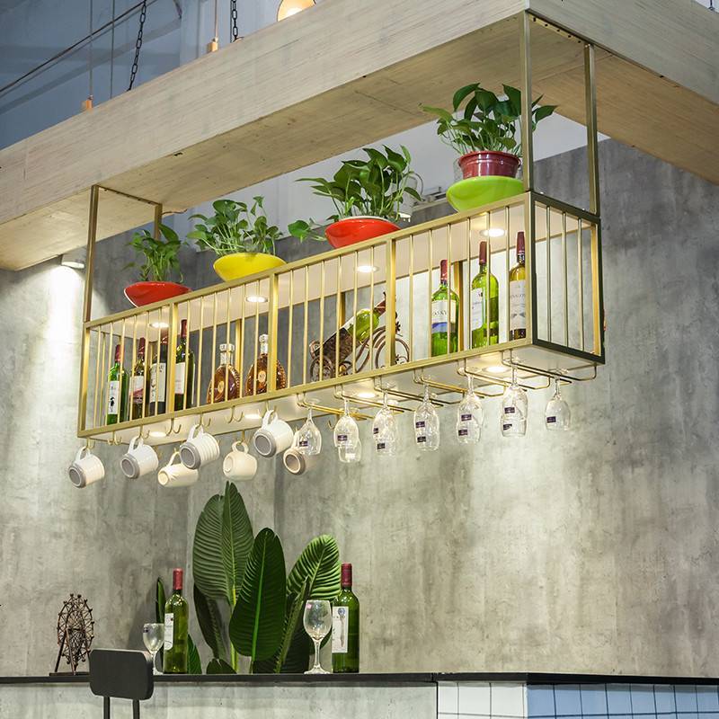 北欧吧台铁艺吊架悬挂式酒架置物架吊柜倒挂高脚杯架酒吧装饰花架